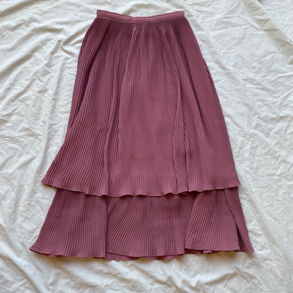 vintage mauve pink crinkle pleated ruffle tier maxi skirt